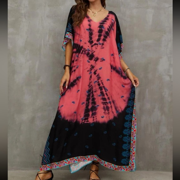 Boho Tie Dye Print Batwing Sleeve Slit Hem Maxi Dress - Picture 8 of 8
